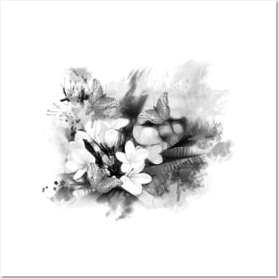 butterflies and Frangipani in black and white Posters and Art